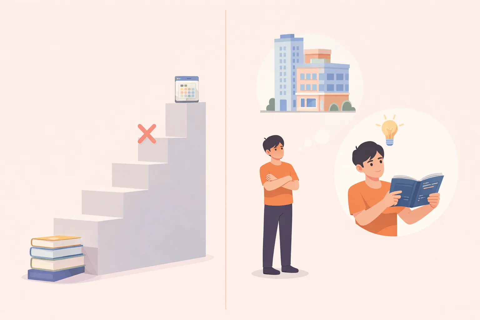 従来の「学ぶ→作る」と、逆転の「作る→困る→学ぶ」の対比