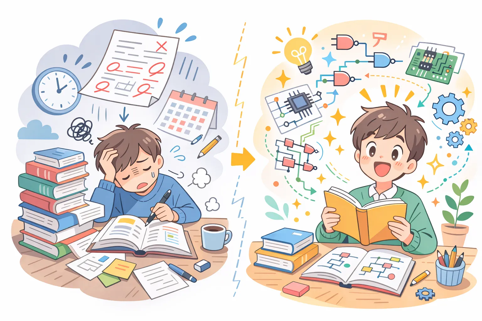 外発的動機（資格のための勉強）と内発的動機（好奇心からの学び）の対比