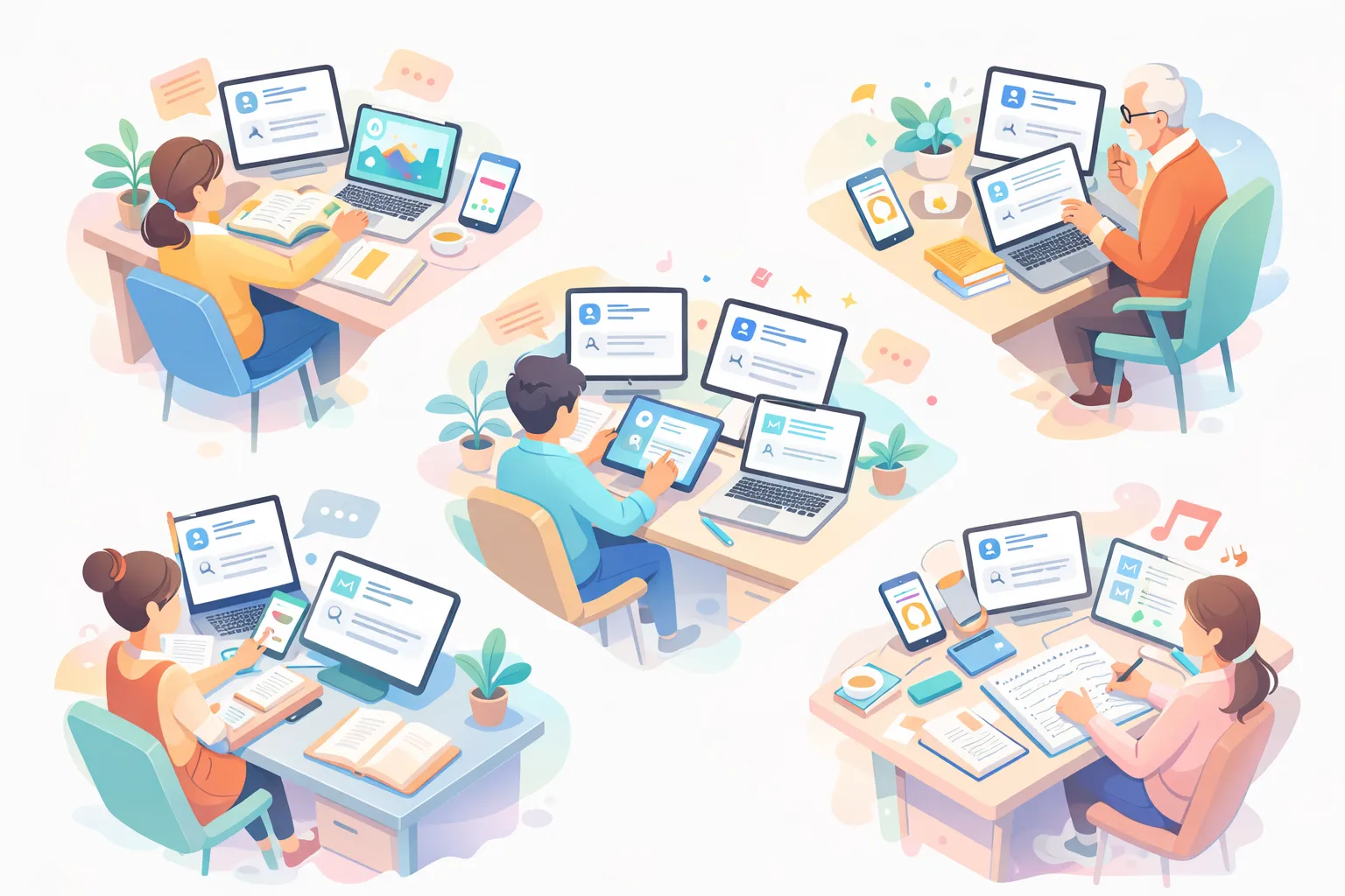 多様な人々がAIと共にクリエイティブな作業をしている風景