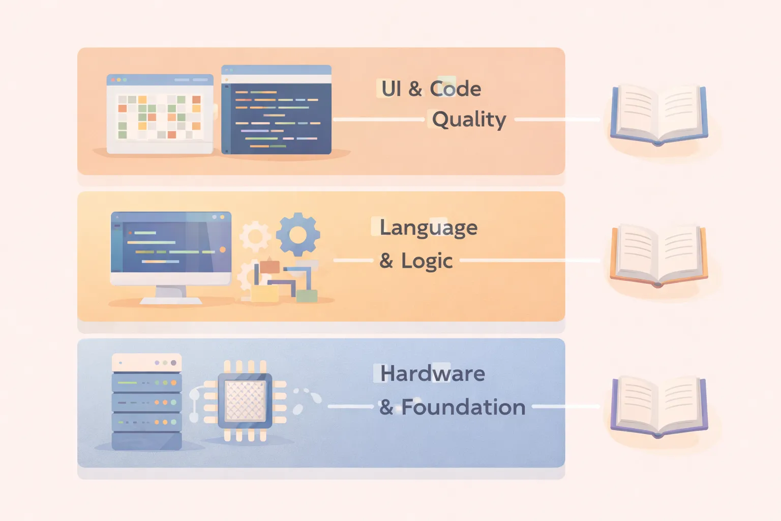 3冊の本がアプリのどのレイヤーに対応するか — UI・言語・ハードウェアの3層構造