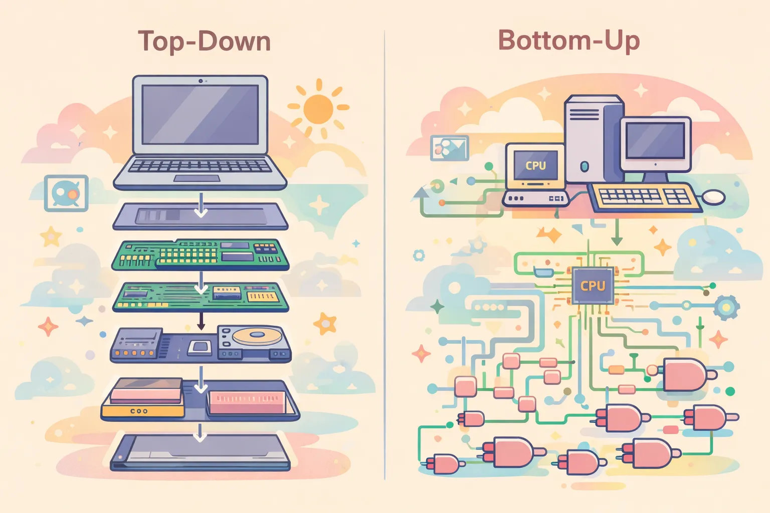 トップダウン（完成品から分解）とボトムアップ（NANDゲートから組み上げ）の対比